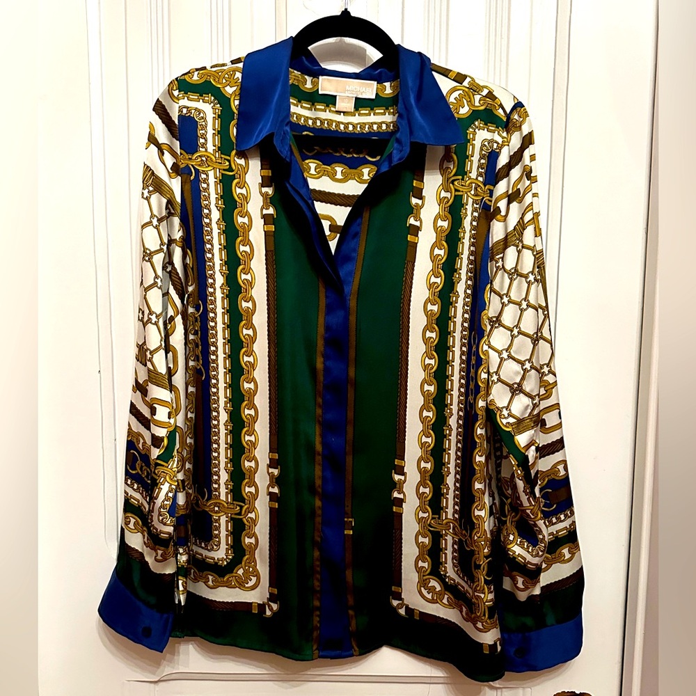 Michael by Michael Kors Equestrian-inspired, silky button-down shirt Sz 10